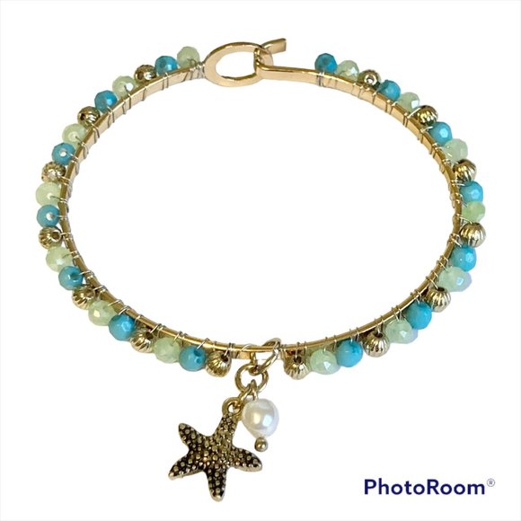 Aqua Bead Pearl Starfish Bangle Bracelet Gold Tone Plated Freshwater Sea Life - Picture 1 of 12